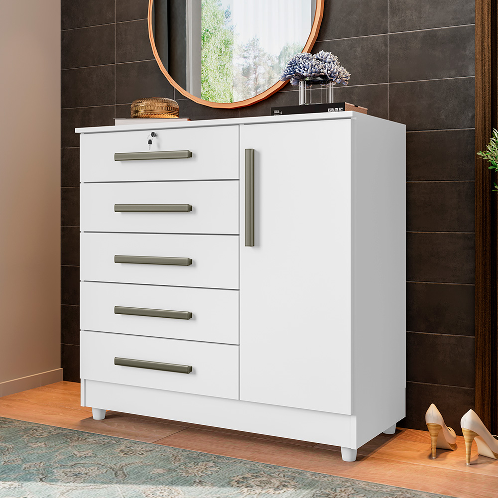 Cômoda para Quarto 1 Porta 5 Gavetas Vitória Branco - Saga Decor