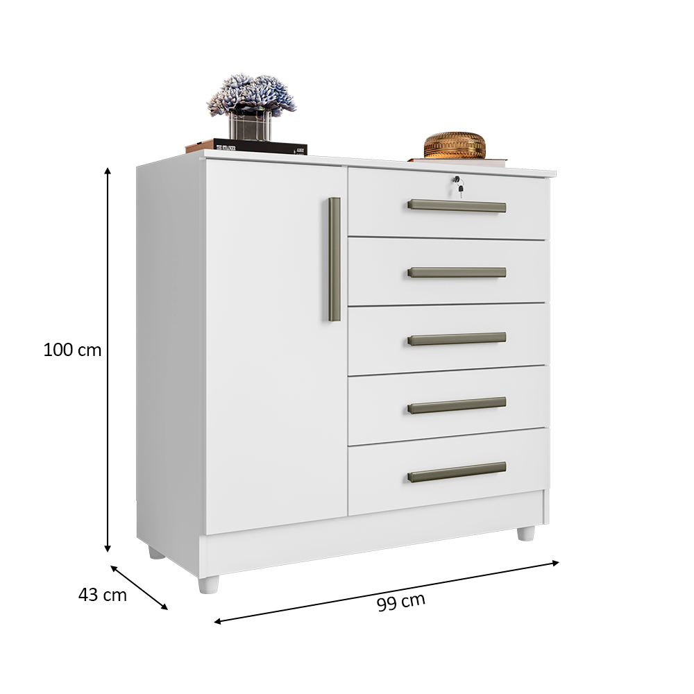 Cômoda para Quarto 1 Porta 5 Gavetas Vitória Branco - Saga Decor