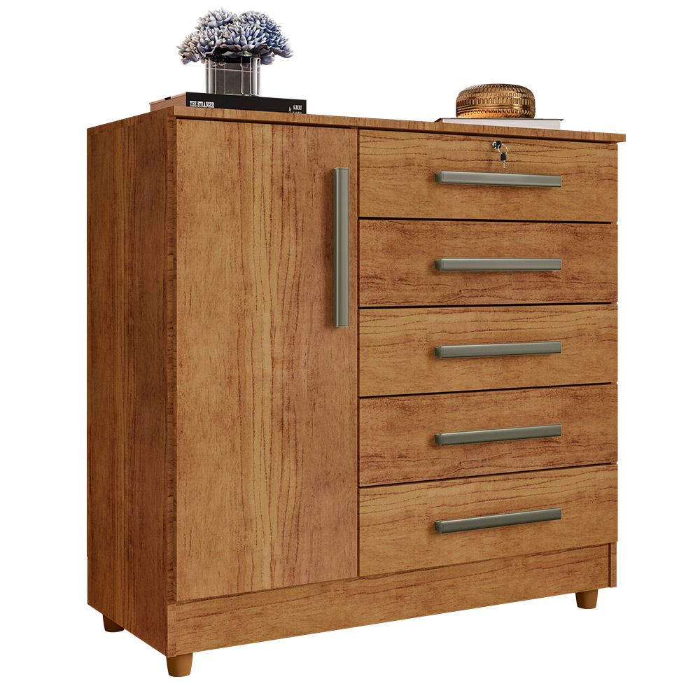 Cômoda para Quarto 1 Porta 5 Gavetas Vitória Cedro - Saga Decor
