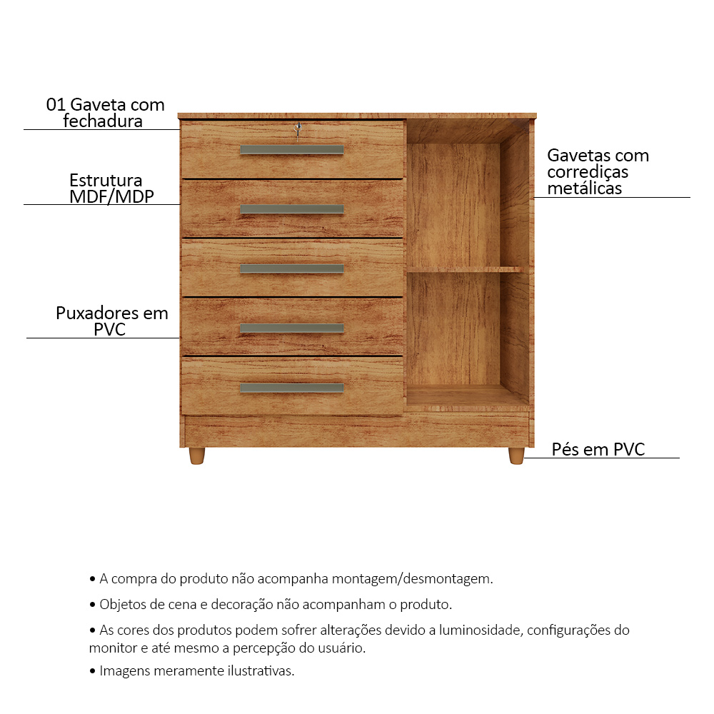 Cômoda para Quarto 1 Porta 5 Gavetas Vitória Cedro - Saga Decor