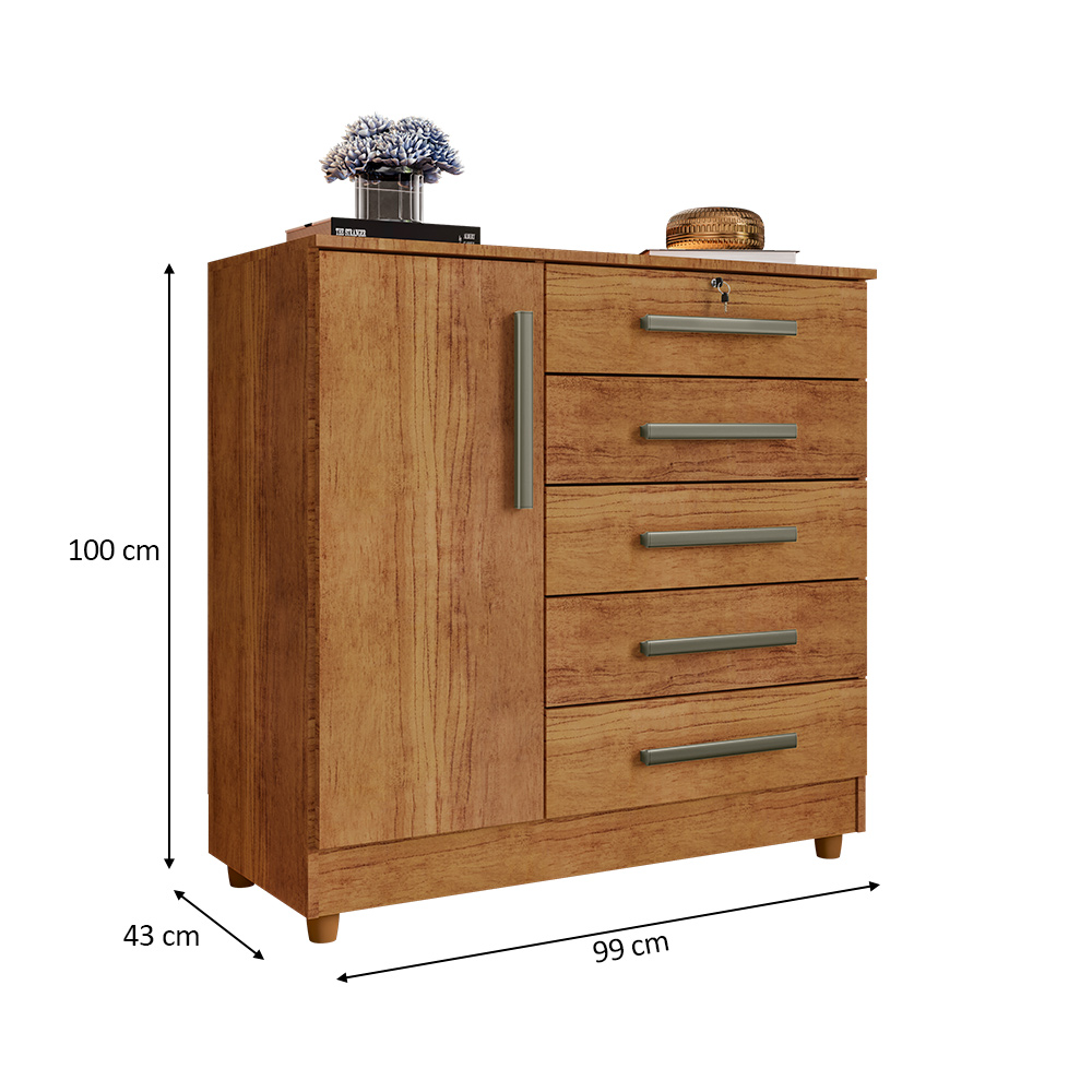 Cômoda para Quarto 1 Porta 5 Gavetas Vitória Cedro - Saga Decor