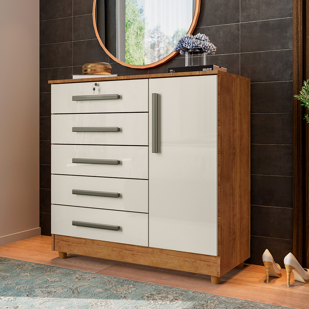 Cômoda para Quarto 1 Porta 5 Gavetas Vitória Cedro Areia - Saga Decor