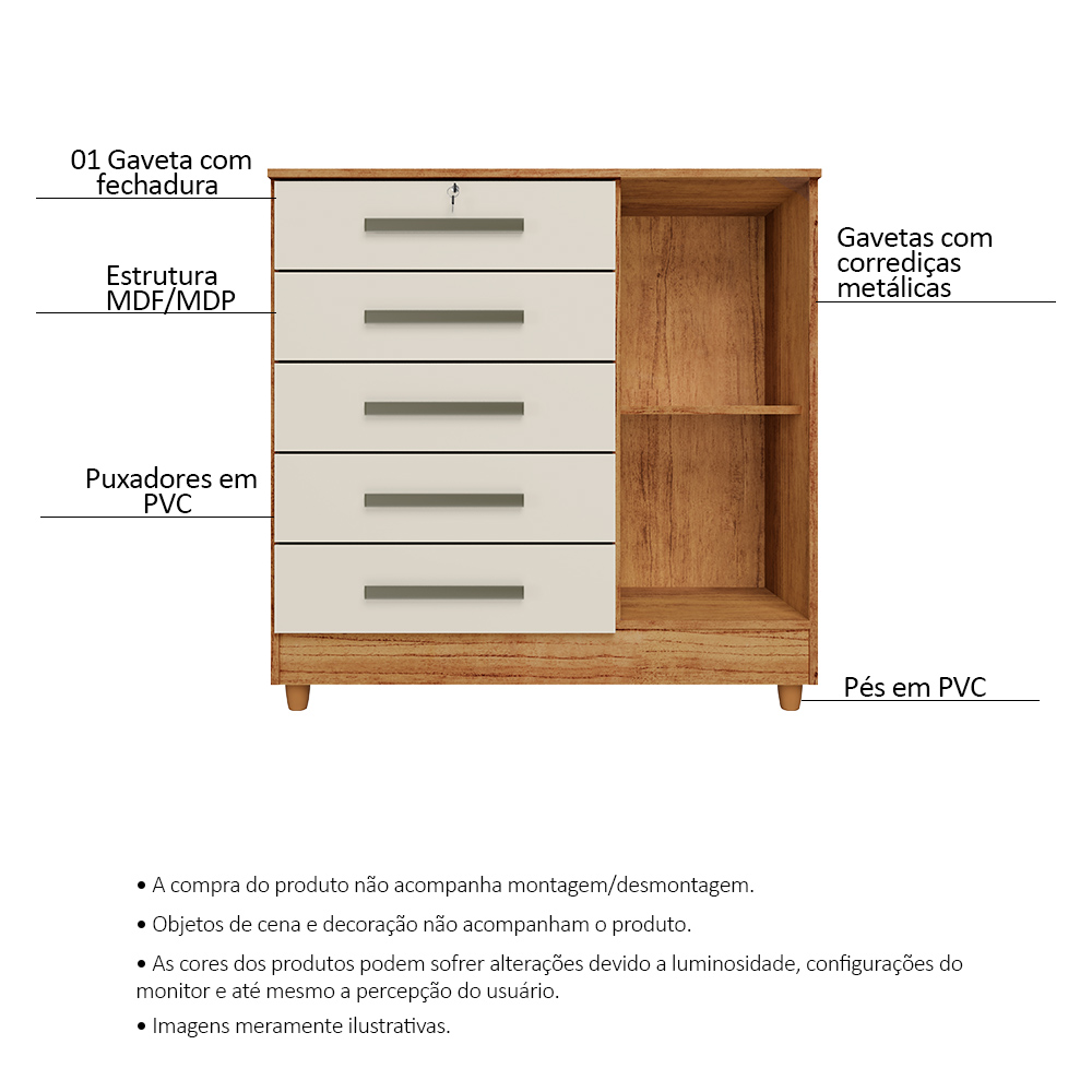 Cômoda para Quarto 1 Porta 5 Gavetas Vitória Cedro Areia - Saga Decor