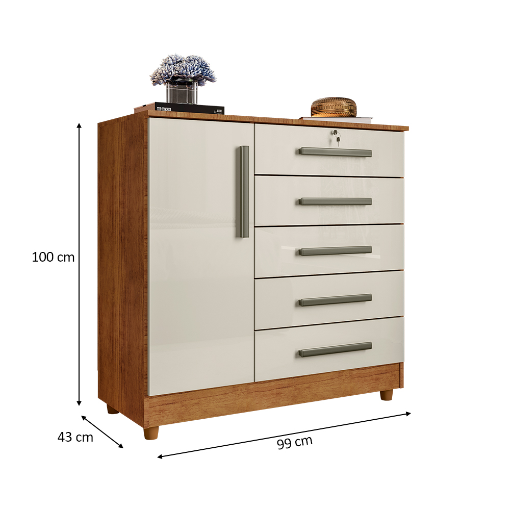 Cômoda para Quarto 1 Porta 5 Gavetas Vitória Cedro Areia - Saga Decor