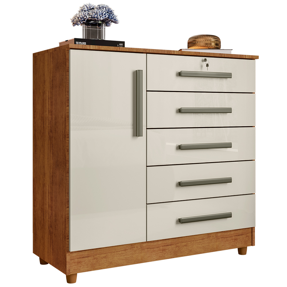 Cômoda para Quarto 1 Porta 5 Gavetas Vitória Cedro Areia - Saga Decor