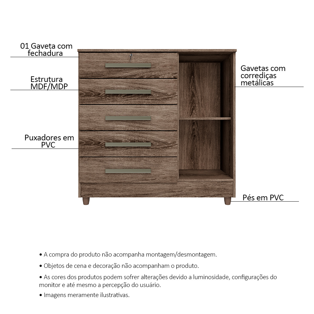 Cômoda para Quarto 1 Porta 5 Gavetas Vitória Ypê - Saga Decor