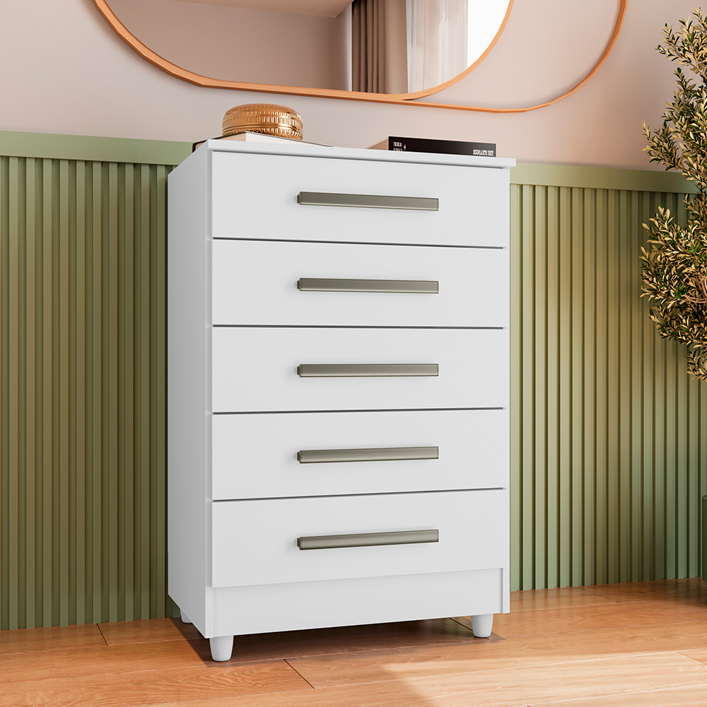 Cômoda para Quarto 5 Gavetas Paola Branco - Saga Decor