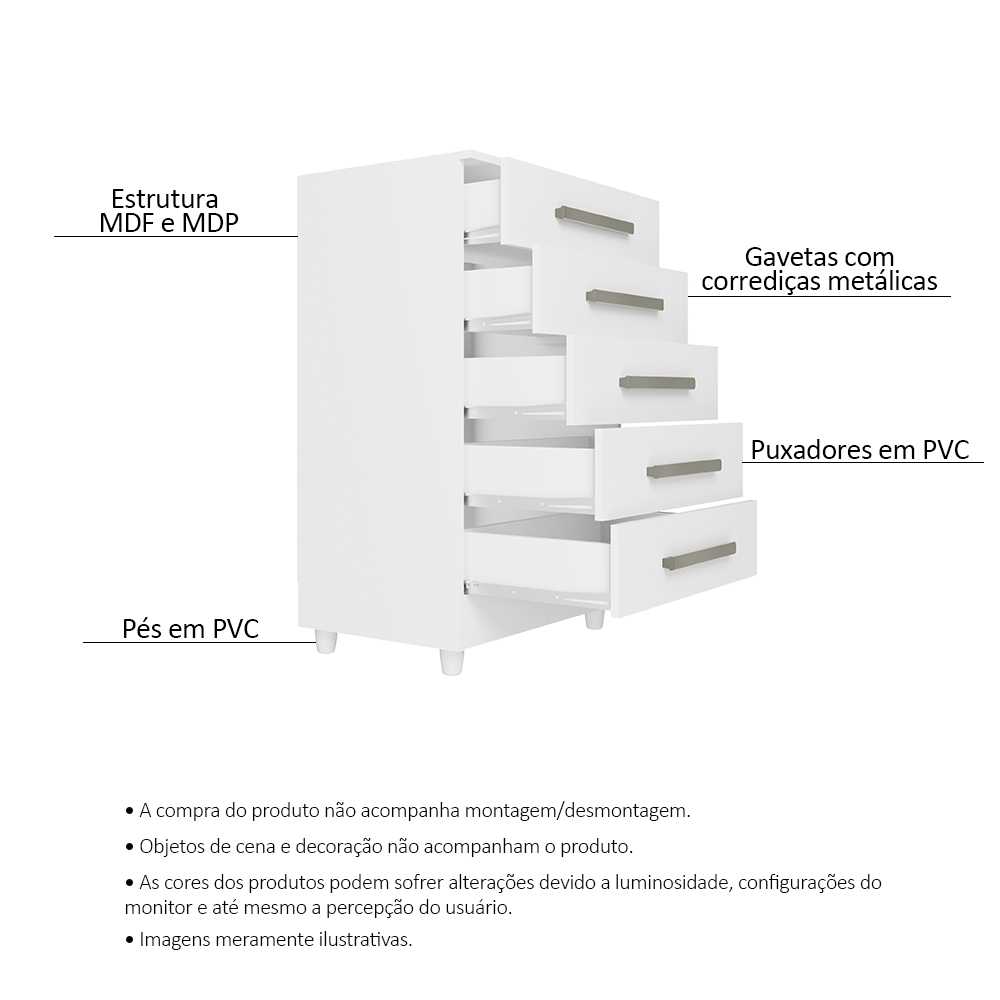 Cômoda para Quarto 5 Gavetas Paola Branco - Saga Decor
