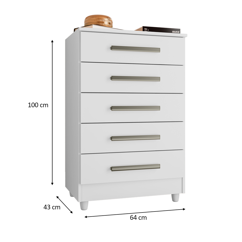 Cômoda para Quarto 5 Gavetas Paola Branco - Saga Decor
