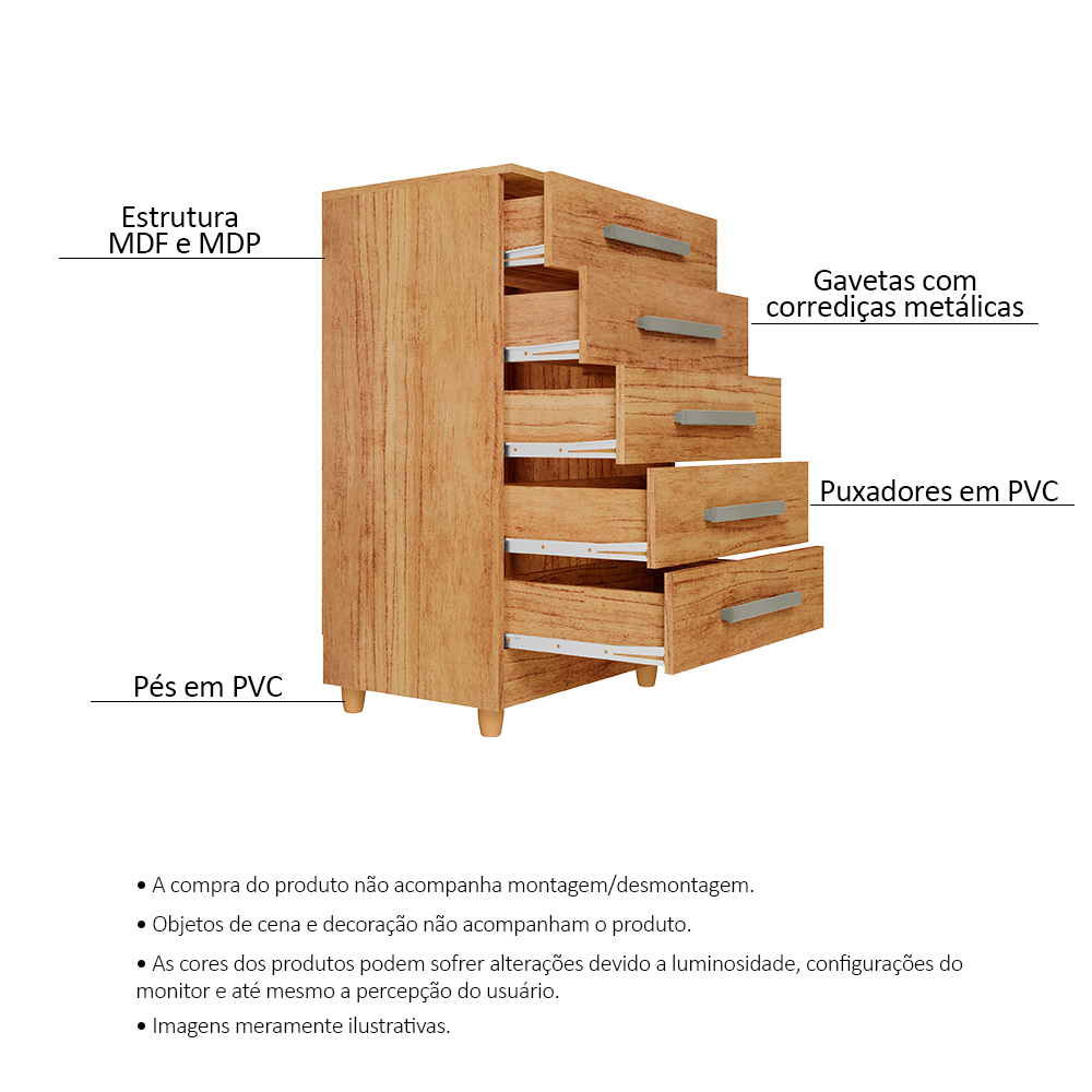 Cômoda para Quarto 5 Gavetas Paola Cedro - Saga Decor