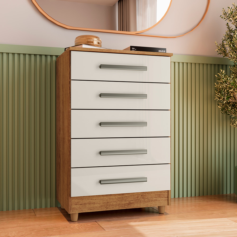 Cômoda para Quarto 5 Gavetas Paola Cedro Areia - Saga Decor