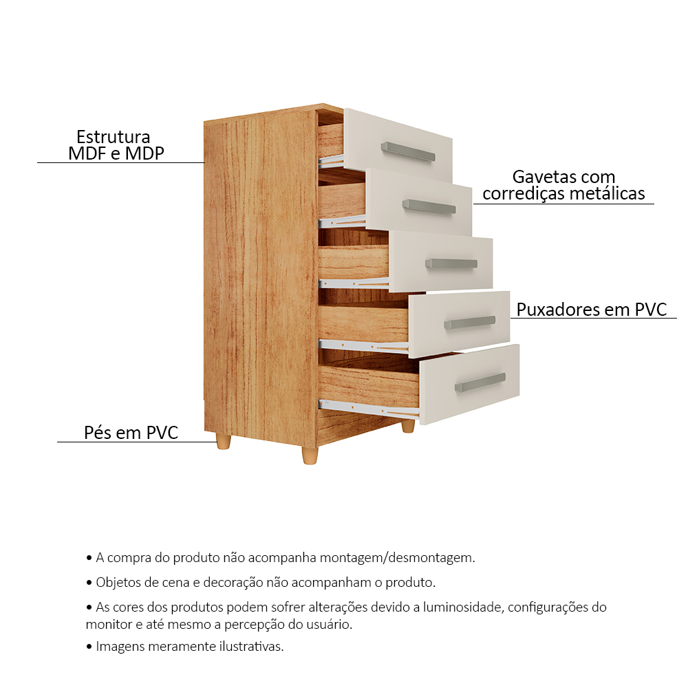 Cômoda para Quarto 5 Gavetas Paola Cedro Areia - Saga Decor