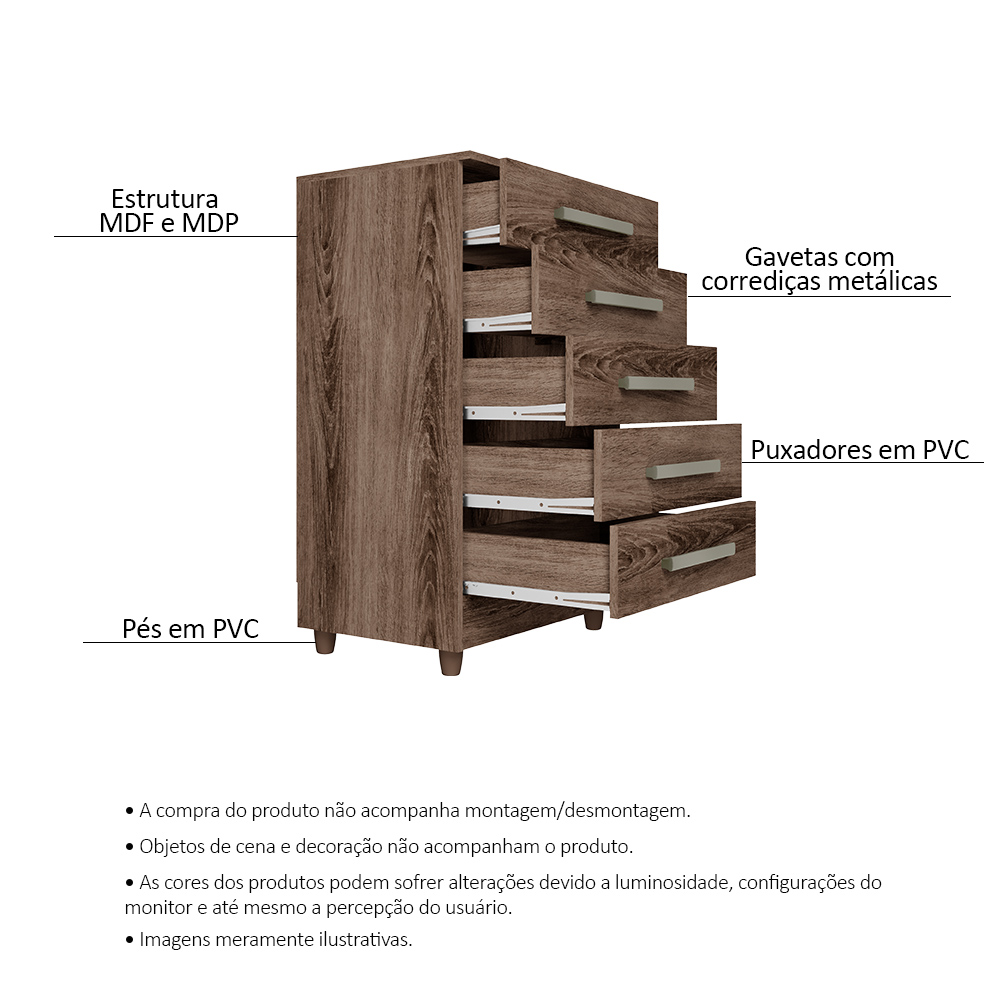 Cômoda para Quarto 5 Gavetas Paola Ypê - Saga Decor