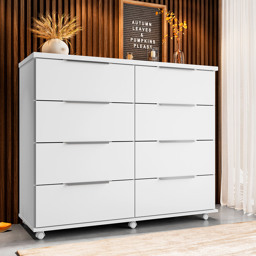 Cômoda para Quarto 8 Gavetas com Rodízios Athenas Branco - Saga Decor