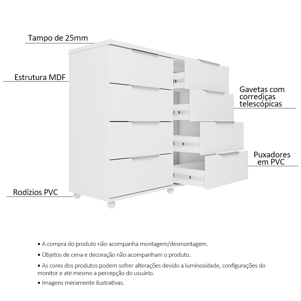 Cômoda para Quarto 8 Gavetas com Rodízios Athenas Branco - Saga Decor