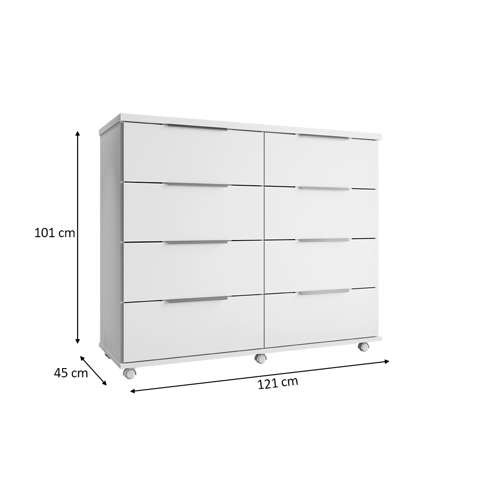 Cômoda para Quarto 8 Gavetas com Rodízios Athenas Branco - Saga Decor