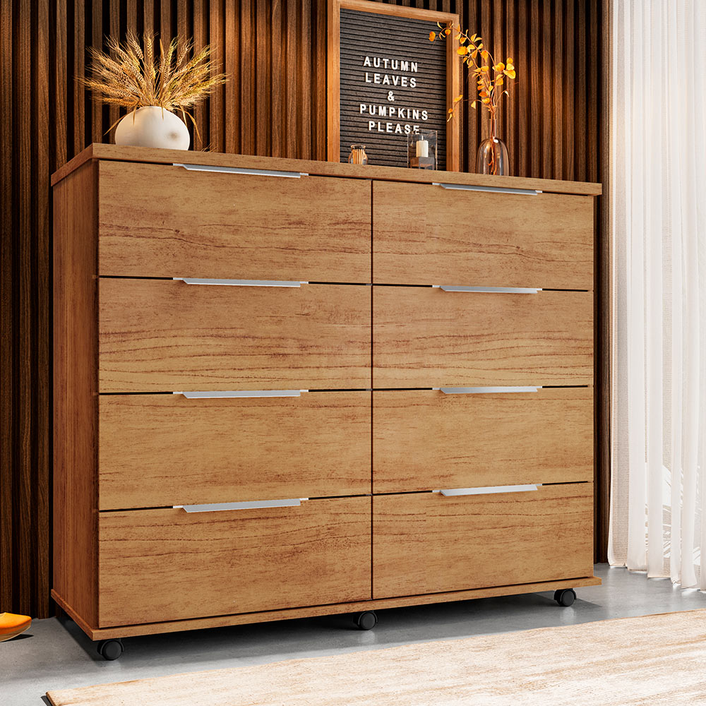 Cômoda para Quarto 8 Gavetas com Rodízios Athenas Cedro - Saga Decor