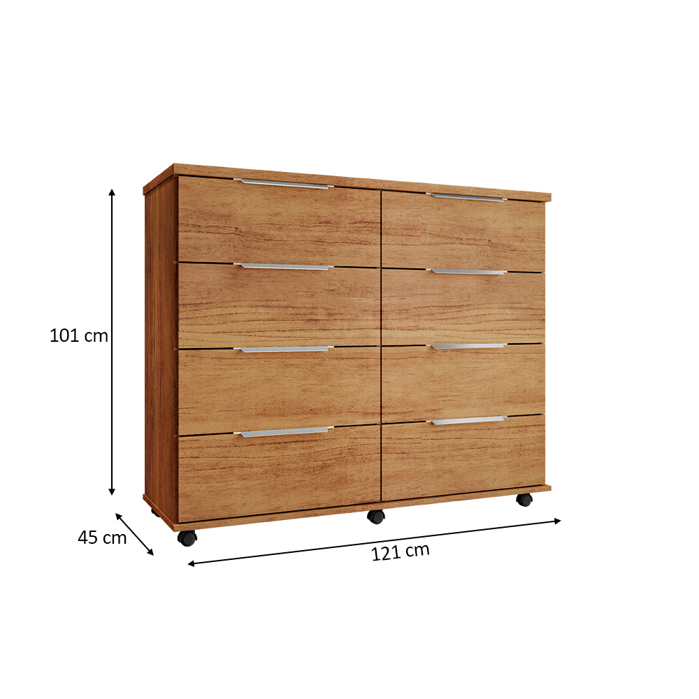 Cômoda para Quarto 8 Gavetas com Rodízios Athenas Cedro - Saga Decor