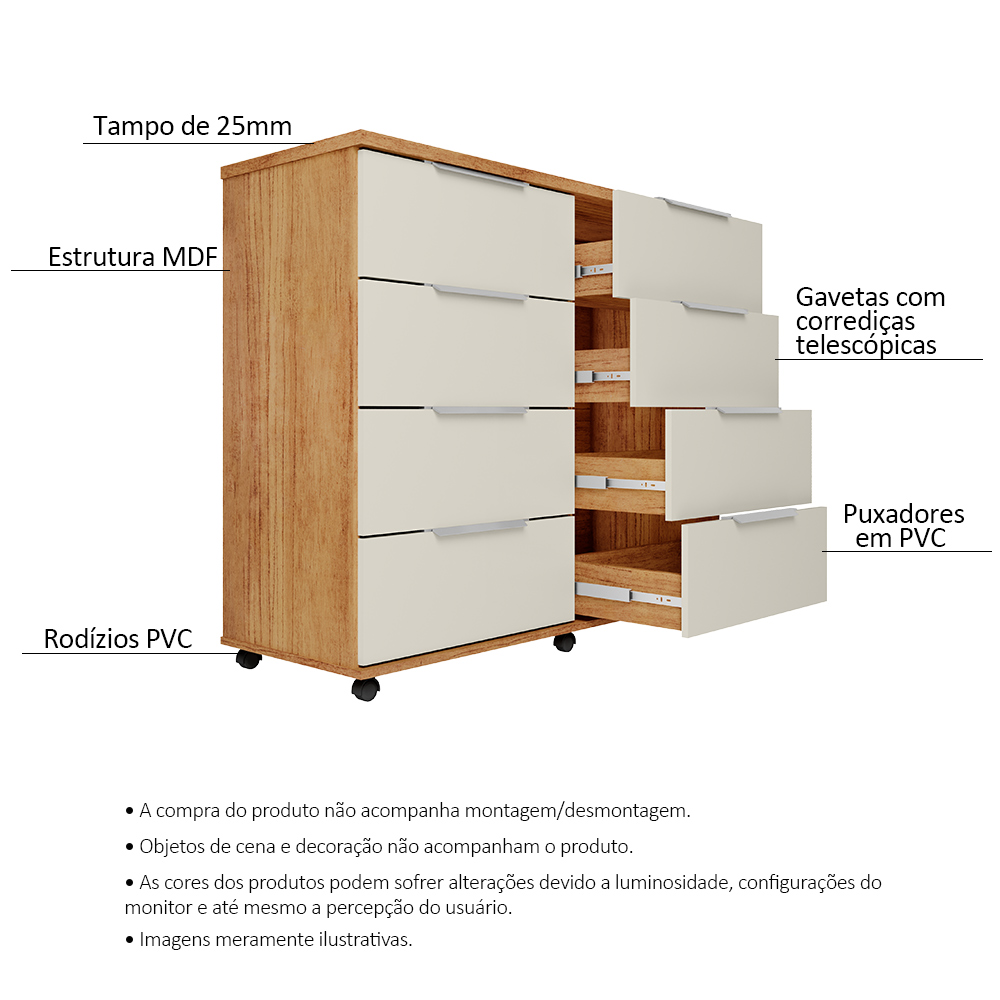 Cômoda para Quarto 8 Gavetas com Rodízios Athenas Cedro Areia - Saga Decor