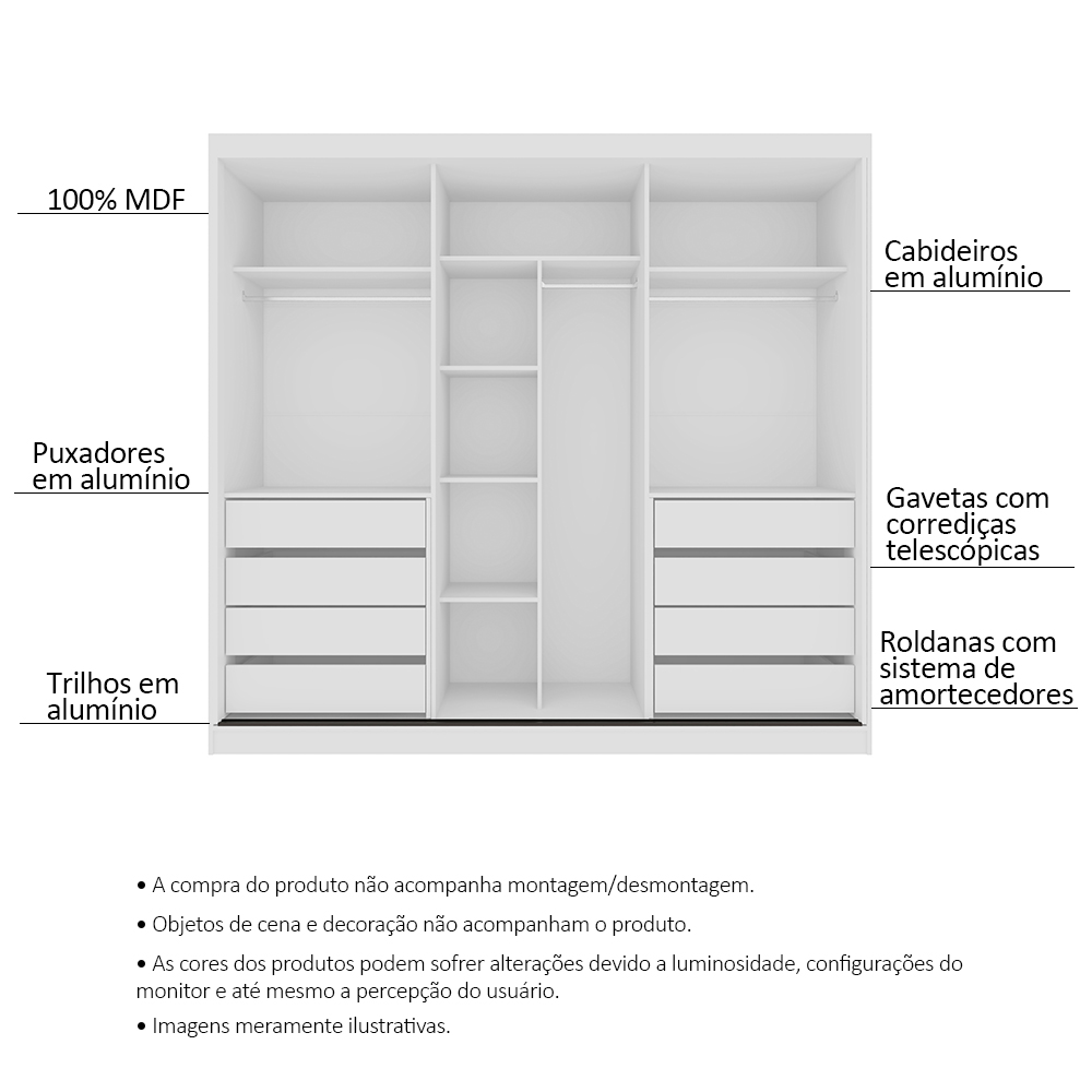 Guarda Roupa Casal 3 Portas de Correr 8 Gavetas Tókio Branco - Saga Decor