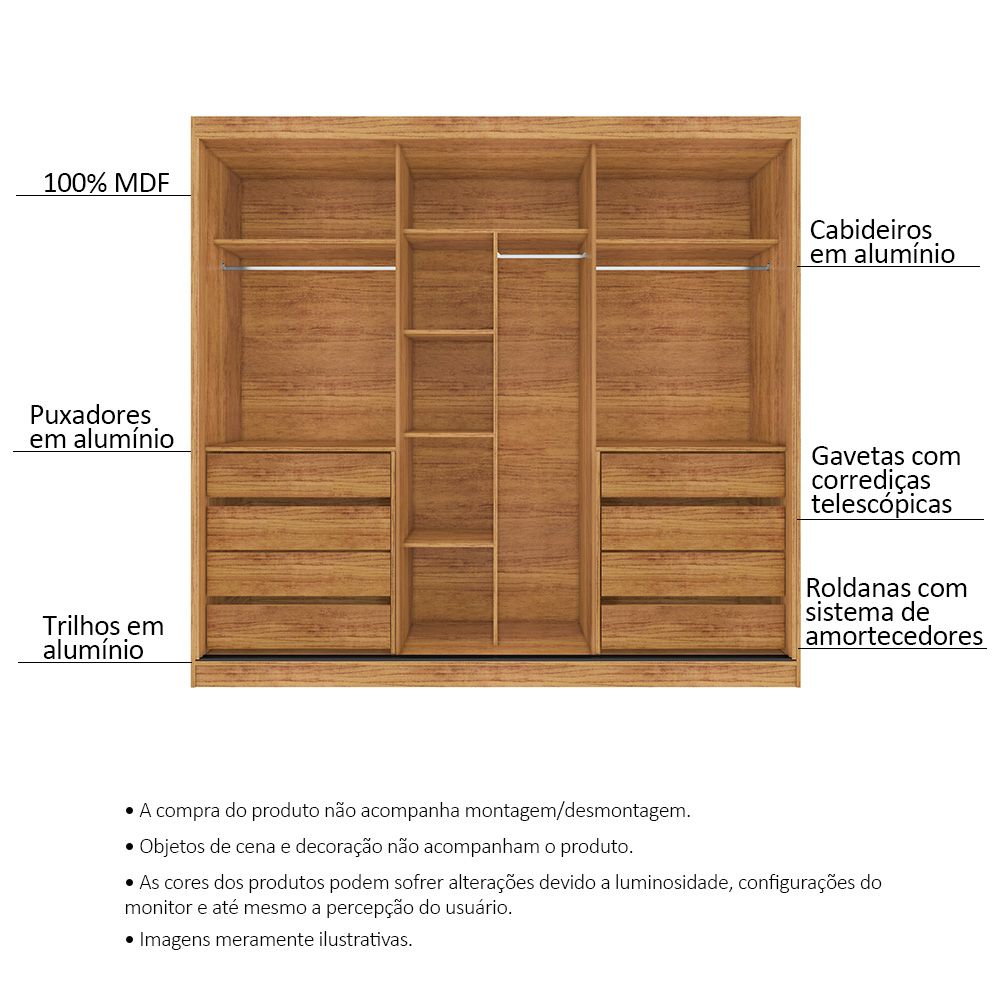 Guarda Roupa Casal 3 Portas de Correr 8 Gavetas Tókio Cedro Areia - Saga Decor