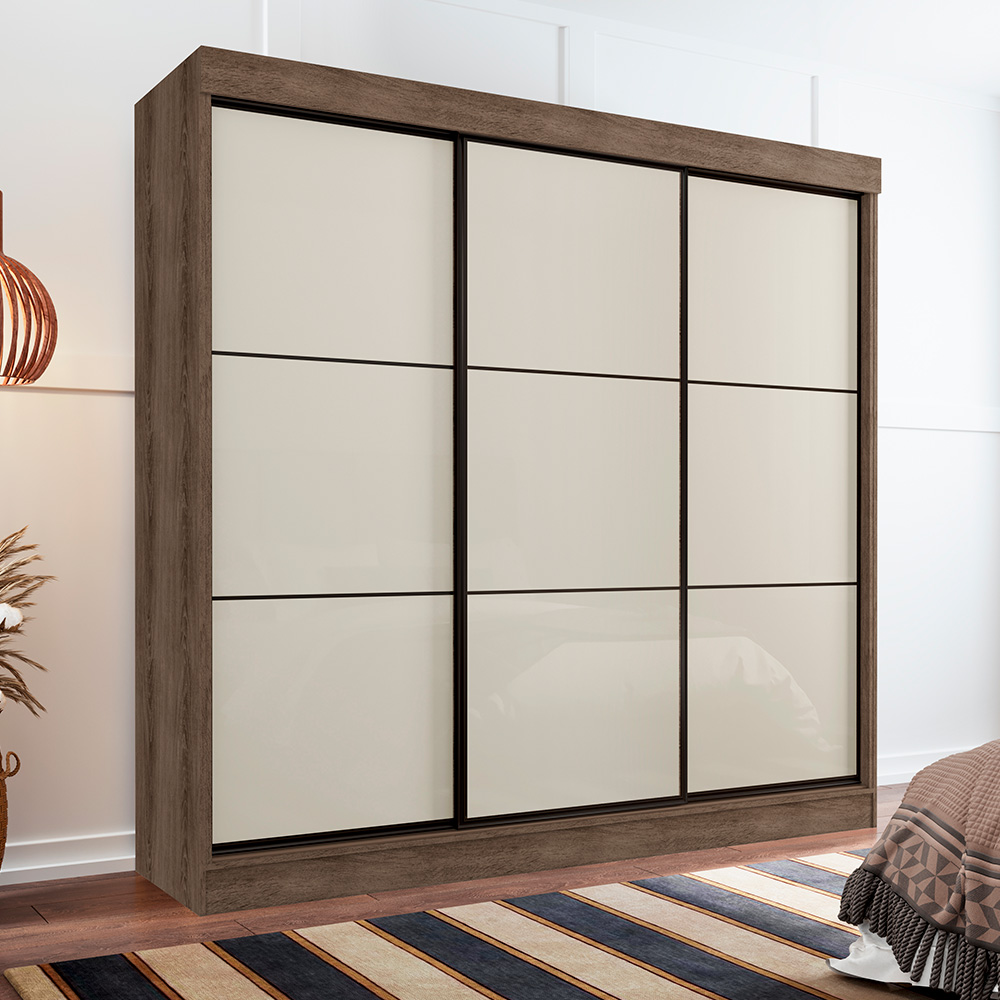Guarda Roupa Casal 3 Portas de Correr 8 Gavetas Tókio Ypê Areia - Saga Decor