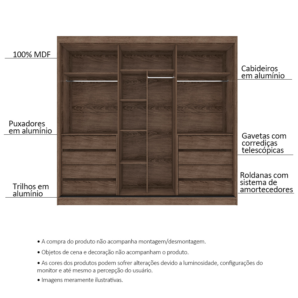 Guarda Roupa Casal 3 Portas de Correr 8 Gavetas Tókio Ypê Areia - Saga Decor
