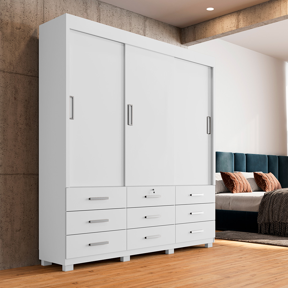 Guarda Roupa Casal 3 Portas de Correr 9 Gavetas Itapema ll Branco Fosco - Saga Decor