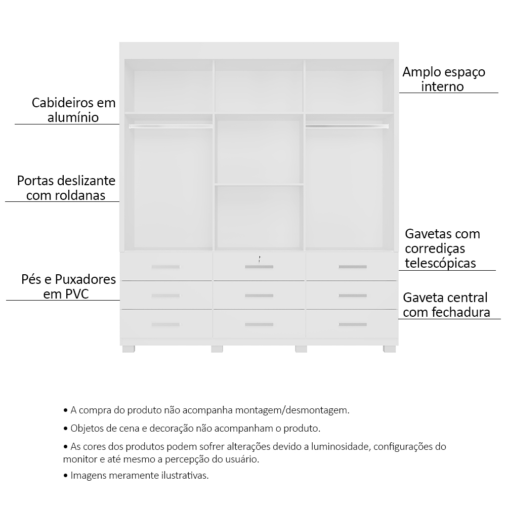 Guarda Roupa Casal 3 Portas de Correr 9 Gavetas Itapema ll Branco Fosco - Saga Decor