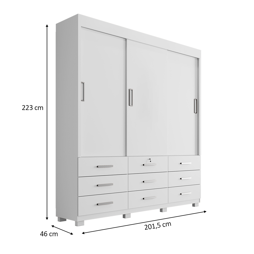 Guarda Roupa Casal 3 Portas de Correr 9 Gavetas Itapema ll Branco Fosco - Saga Decor