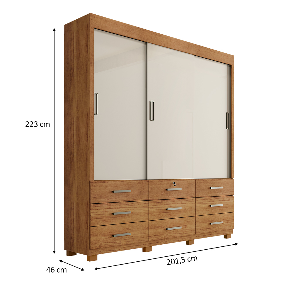 Guarda Roupa Casal 3 Portas de Correr 9 Gavetas Itapema ll Cedro Areia - Saga Decor