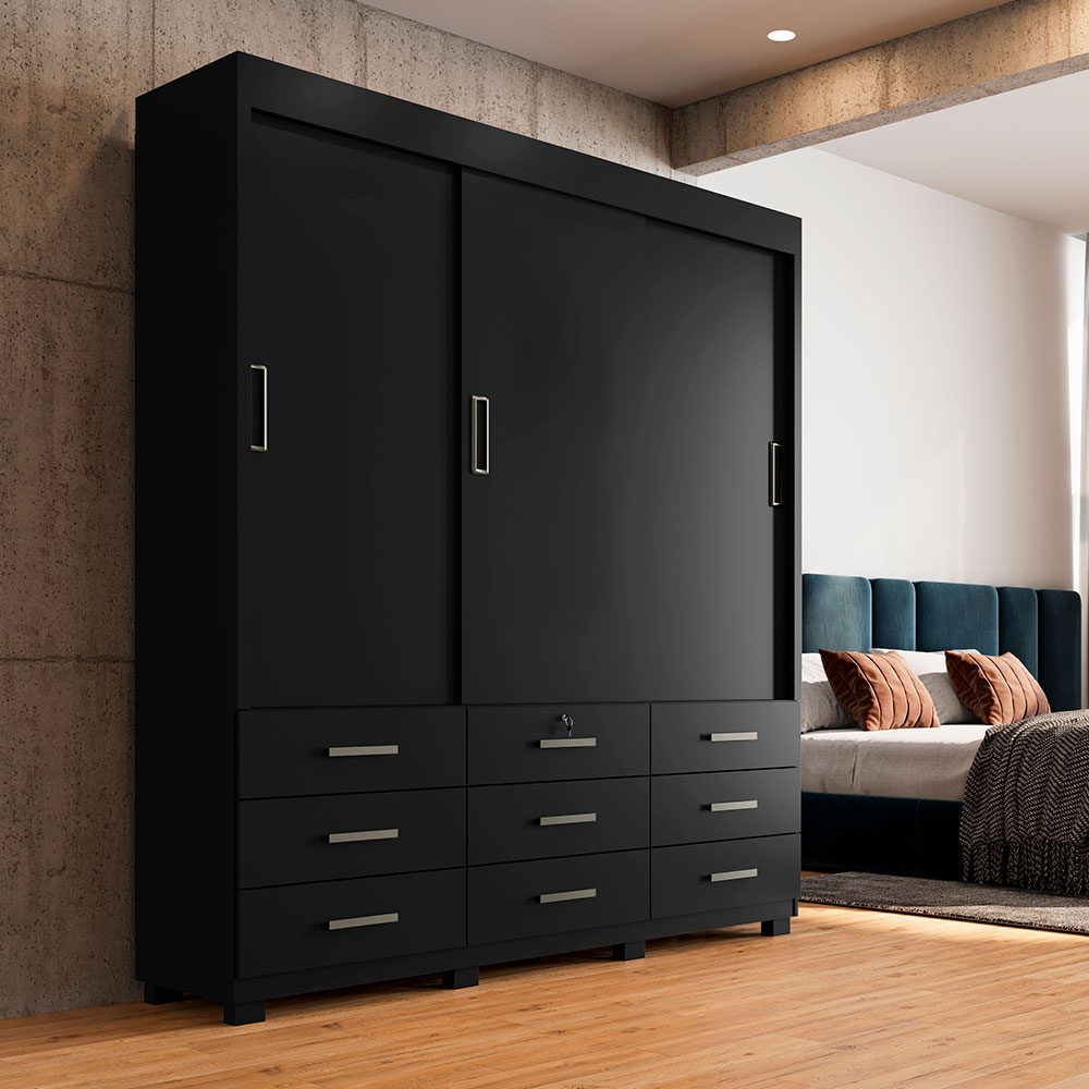 Guarda Roupa Casal 3 Portas de Correr 9 Gavetas Itapema ll Preto - Saga Decor