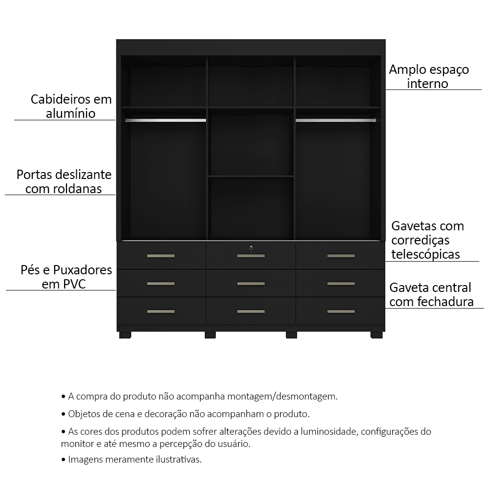 Guarda Roupa Casal 3 Portas de Correr 9 Gavetas Itapema ll Preto - Saga Decor