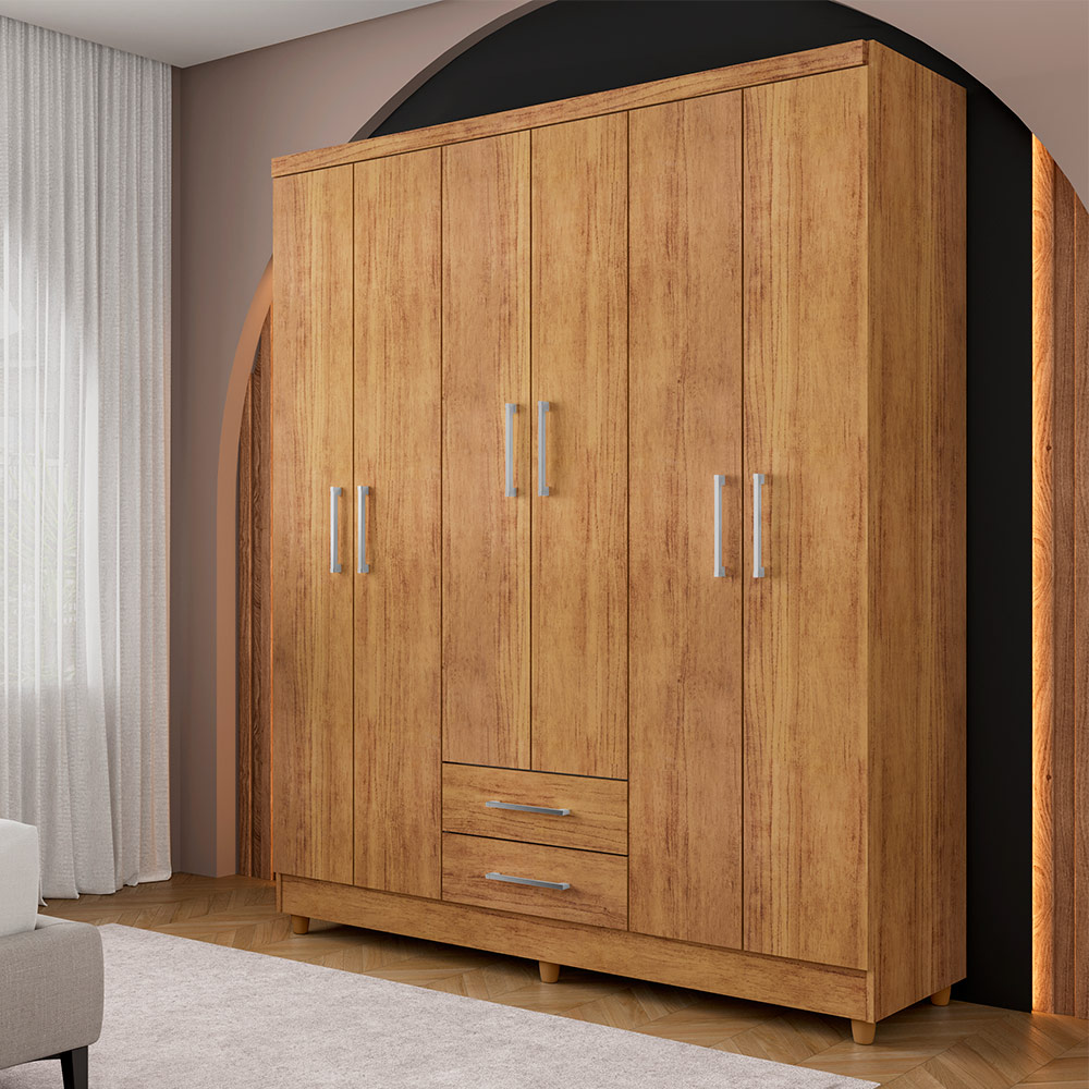 Guarda Roupa Casal 6 Portas 2 Gavetas Monique Cedro - Saga Decor