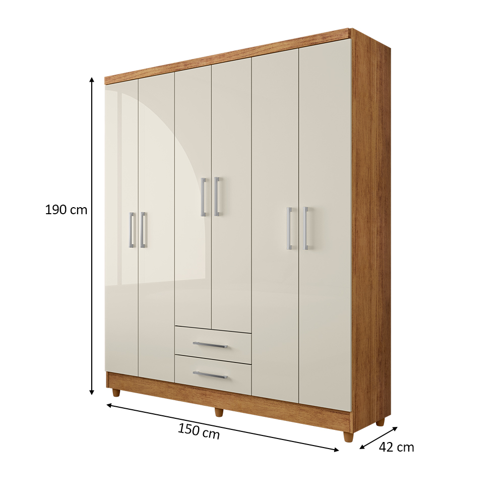 Guarda Roupa Casal 6 Portas 2 Gavetas Monique Cedro Areia - Saga Decor
