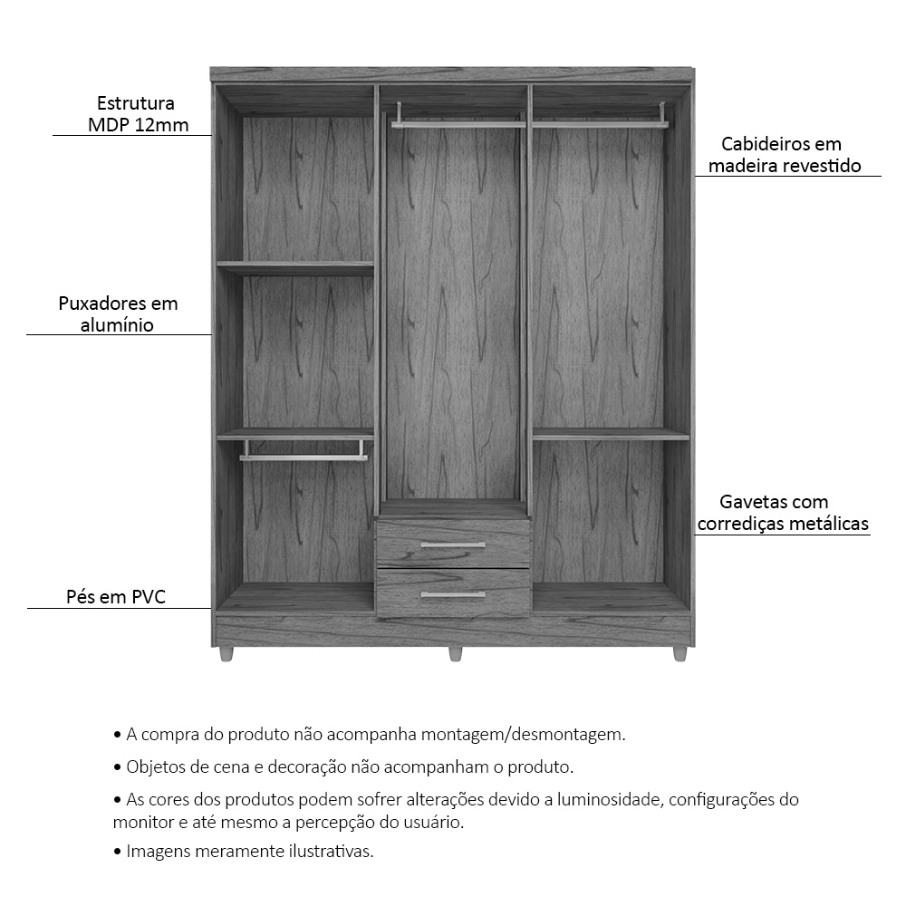 Guarda Roupa Casal 6 Portas 2 Gavetas Monique Ypê - Saga Decor