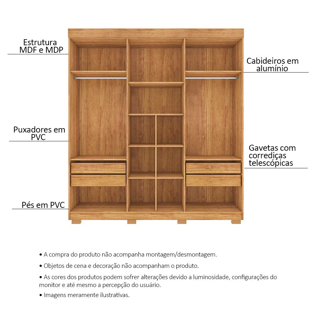 Guarda Roupa Casal 6 Portas 4 Gavetas Porto Bello Plus Cedro - Saga Decor