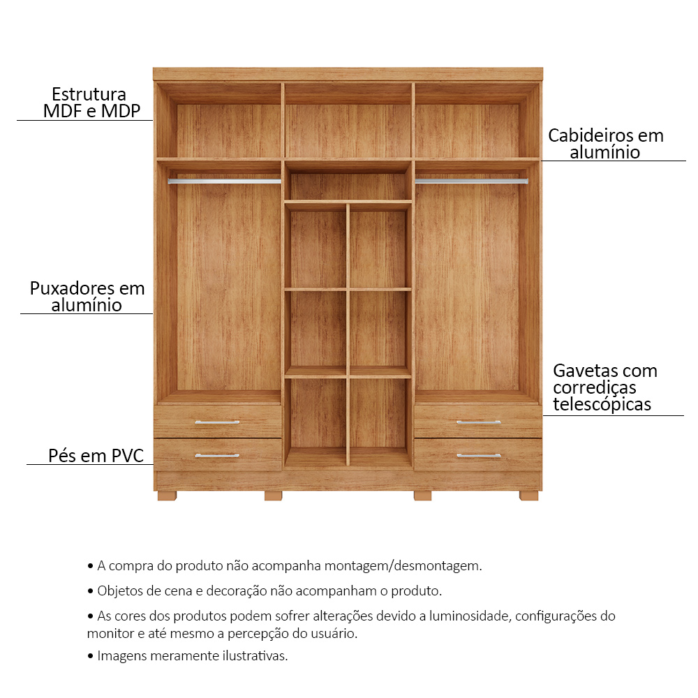 Guarda Roupa Casal 6 Portas 4 Gavetas Santiago ll Cedro - Saga Decor