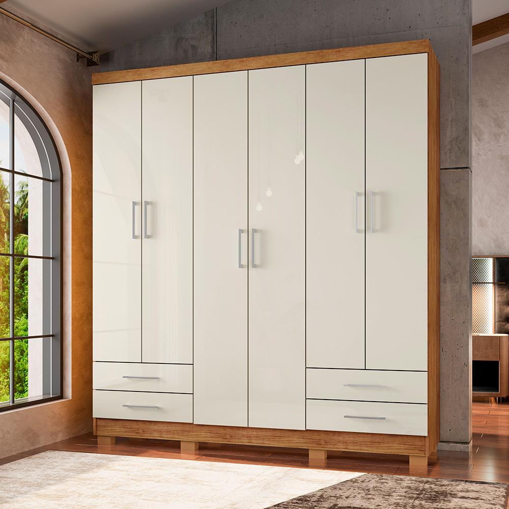 Guarda Roupa Casal 6 Portas 4 Gavetas Santiago ll Cedro Areia - Saga Decor