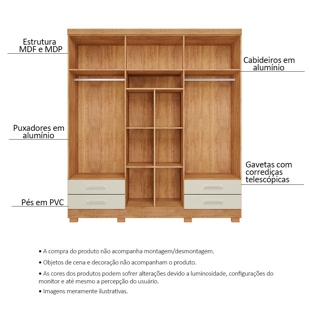 Guarda Roupa Casal 6 Portas 4 Gavetas Santiago ll Cedro Areia - Saga Decor