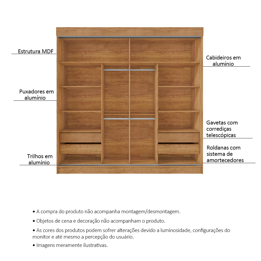 Guarda Roupa Casal Flex 2 Portas Deslizante 4 Gavetas Montes Claros Cedro Areia - Saga Decor