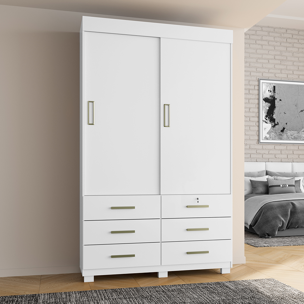 Guarda Roupa Solteiro 2 Portas 6 Gavetas Búzios Branco - Saga Decor