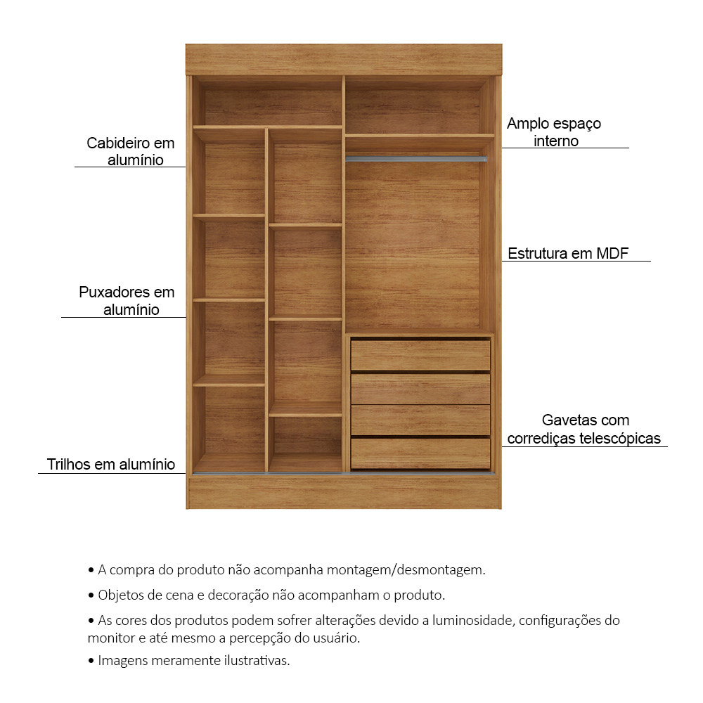 Guarda Roupa Solteiro 2 Portas Deslizante 4 Gavetas Chicago Cedro Areia - Saga Decor