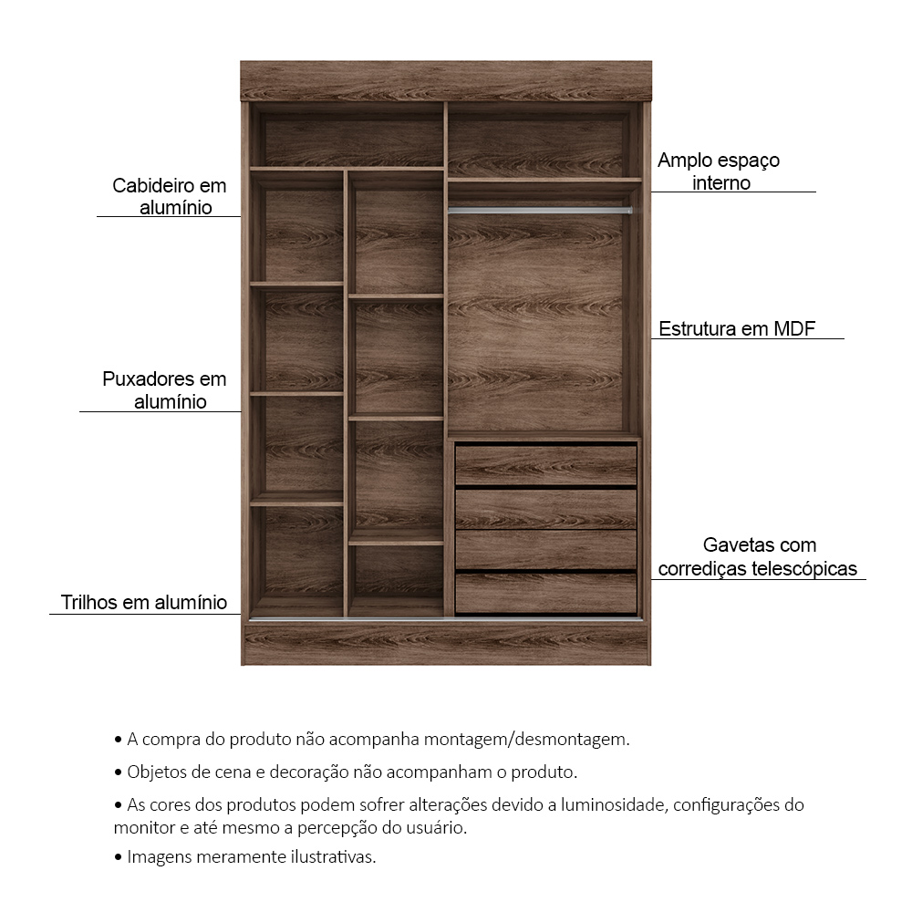 Guarda Roupa Solteiro 2 Portas Deslizante 4 Gavetas Chicago Ypê Areia - Saga Decor