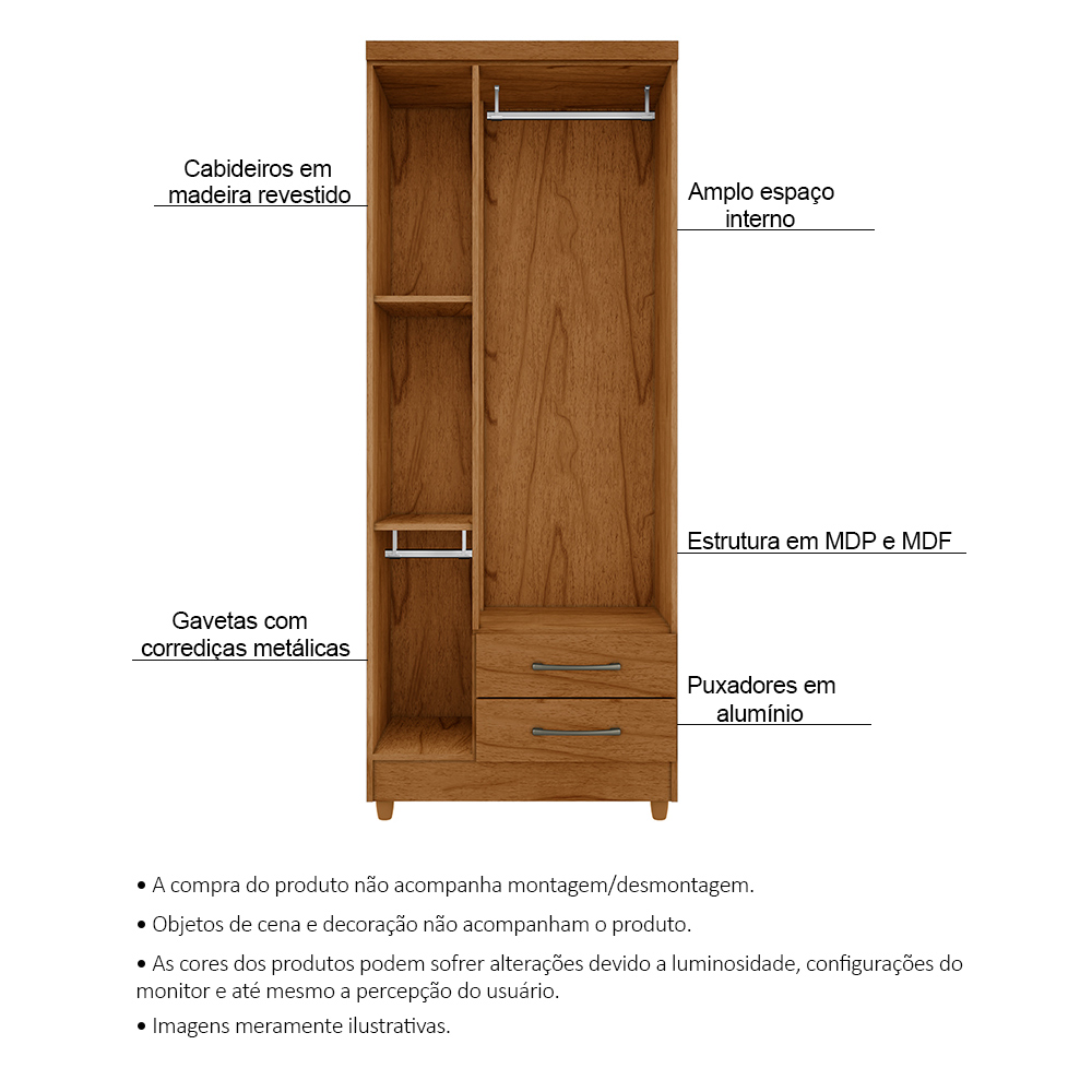 Guarda Roupa Solteiro Barcelona 3 Portas 2 Gavetas Cedro - Saga Decor