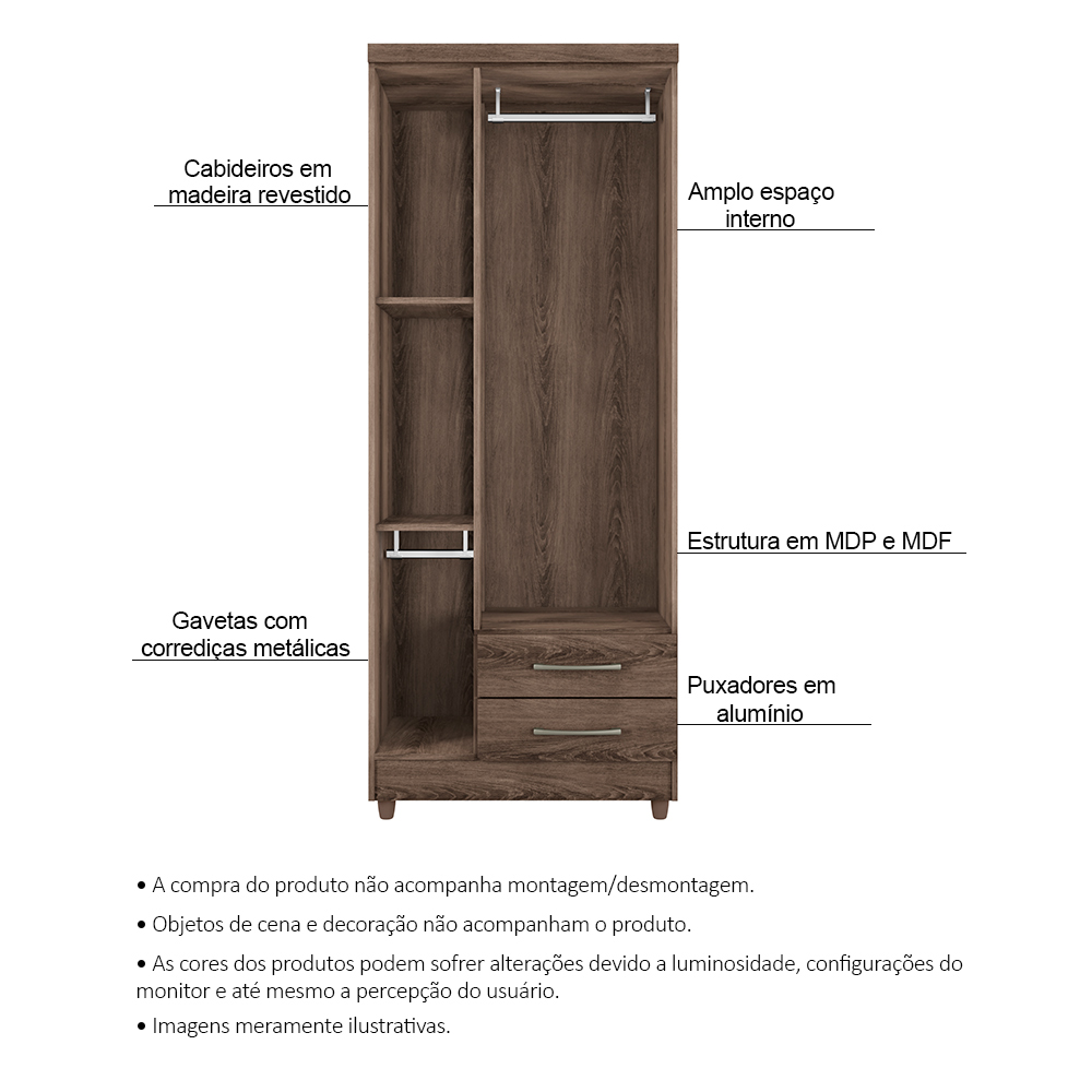 Guarda Roupa Solteiro Barcelona 3 Portas 2 Gavetas Ypê - Saga Decor