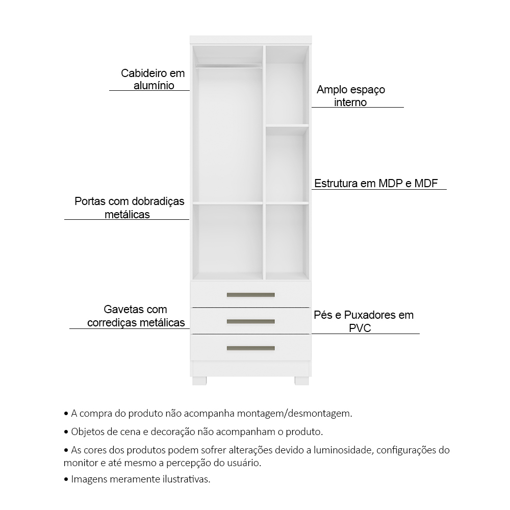 Guarda Roupa Solteiro Floripa 2 Portas 3 Gavetas Branco - Saga Decor