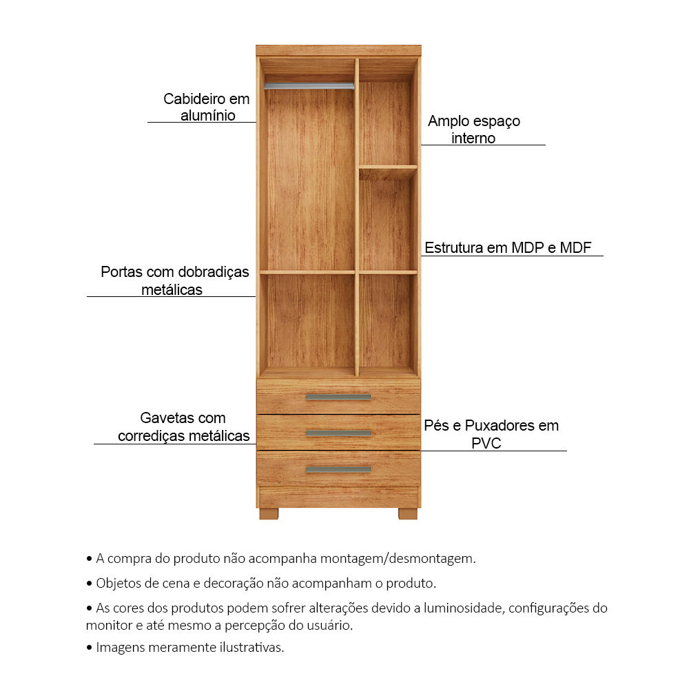 Guarda Roupa Solteiro Floripa 2 Portas 3 Gavetas Cedro - Saga Decor