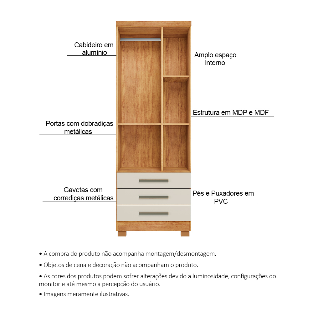 Guarda Roupa Solteiro Floripa 2 Portas 3 Gavetas Cedro Areia - Saga Decor