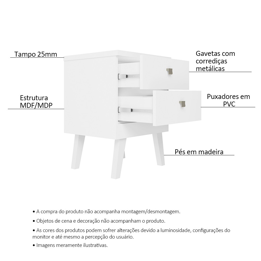 Mesa de Cabeceira 2 Gavetas Thor Branco - Saga Decor